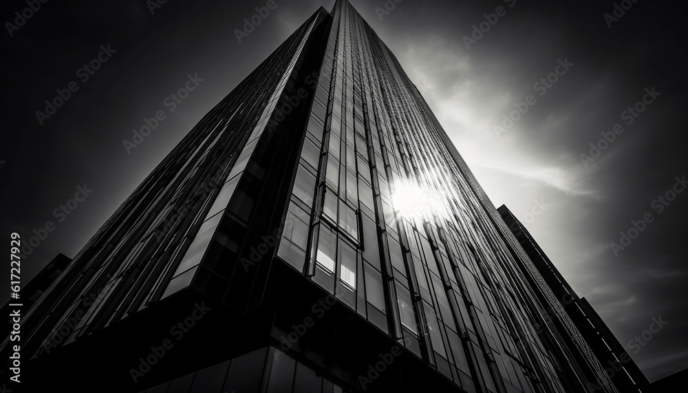 Tall skyscraper, modern design, steel facade, black and white abstract generated by AI