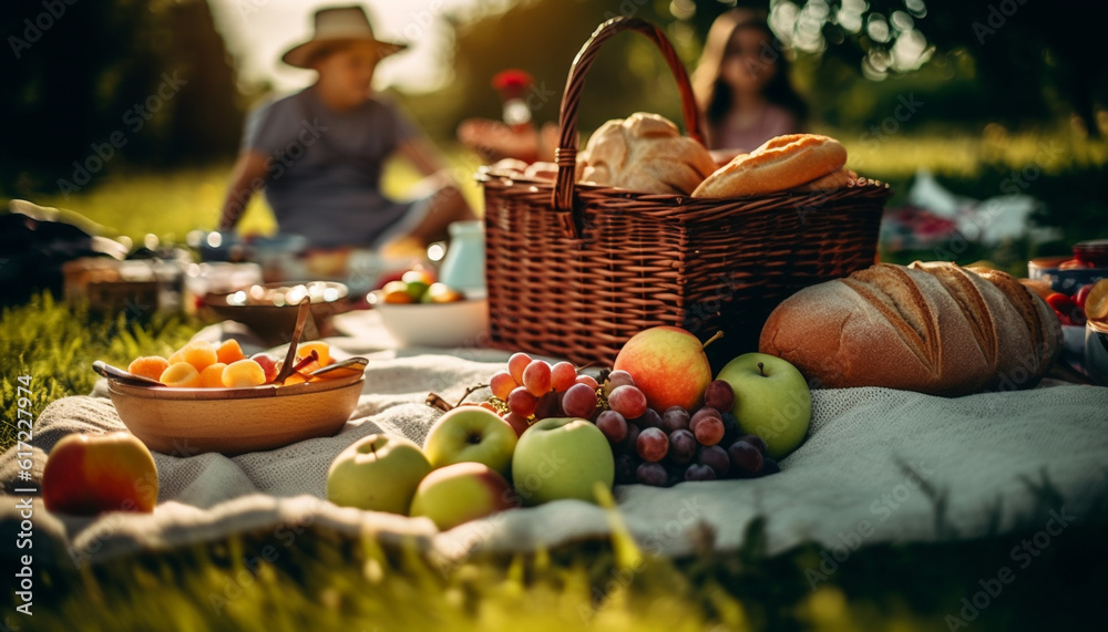 Family picnic on a sunny day, enjoying fresh fruit and bread generated by AI