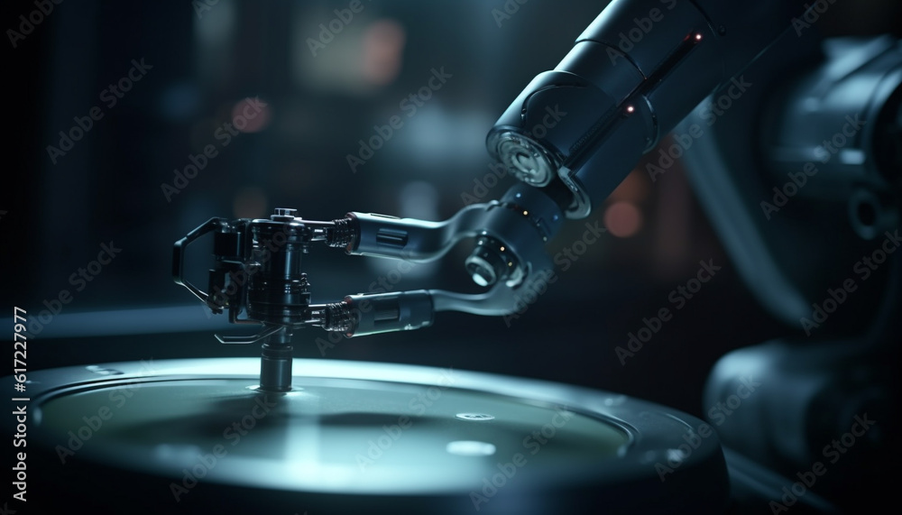 Robotic arm turning steel part in futuristic manufacturing factory workshop generated by AI