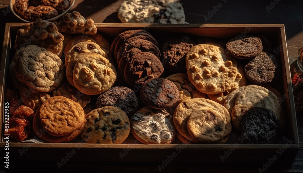 A rustic table displays a large collection of homemade desserts generated by AI