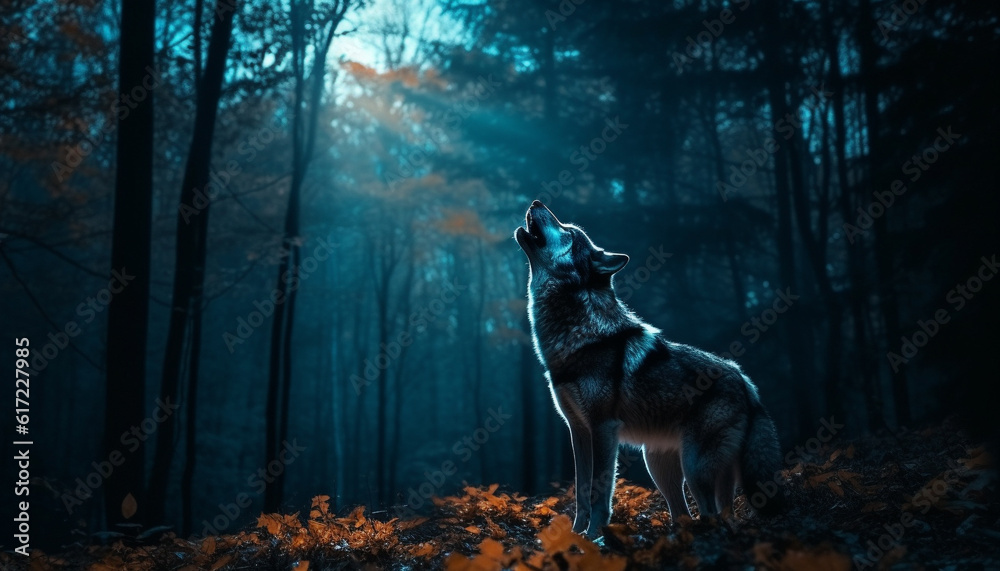 Gray wolf sitting in tranquil autumn forest, howling at night generated by AI