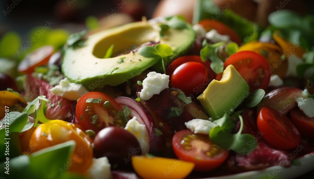 Healthy summer salad with multi colored veggies, ripe fruit, and herbs generated by AI