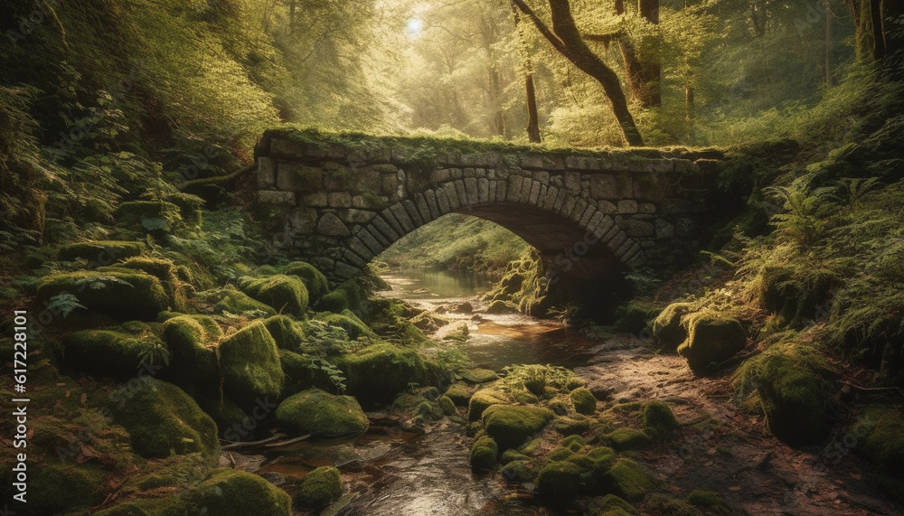 Ancient bridge over flowing water in tranquil autumn forest landscape generated by AI