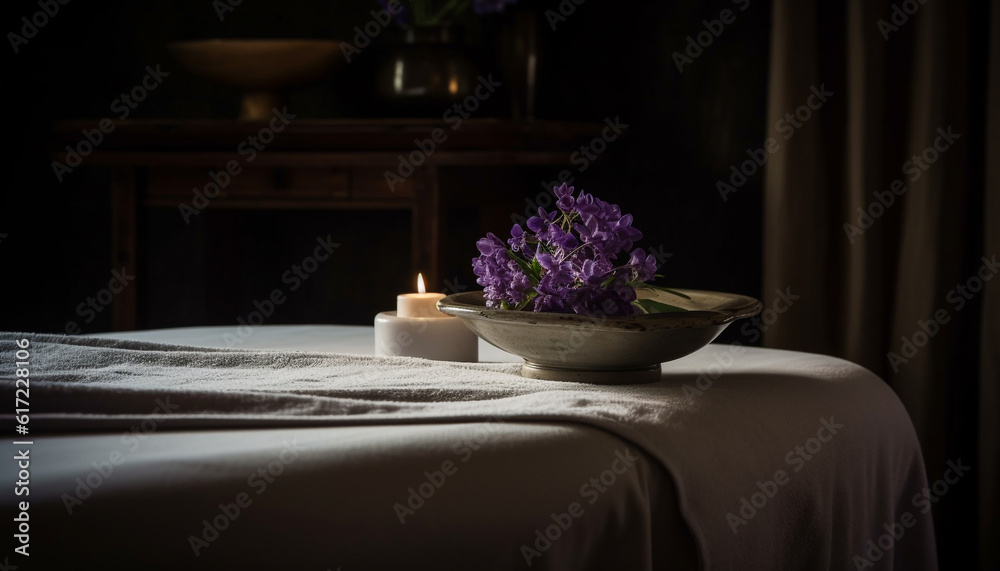 Luxury bedroom with comfortable bed, candlelight, and vase of flowers generated by AI