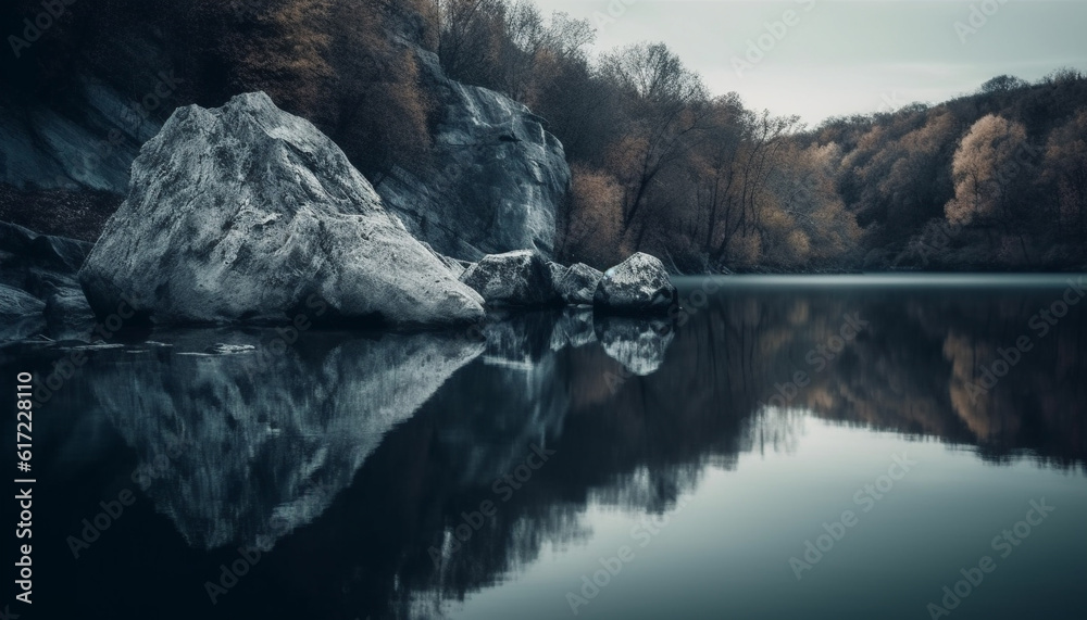 Idyllic winter landscape Majestic mountain range reflected in tranquil pond generated by AI