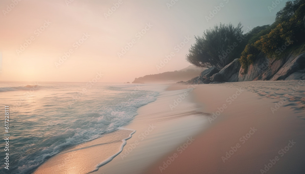 Tranquil sunset over idyllic tropical coastline, reflecting on calm waters generated by AI