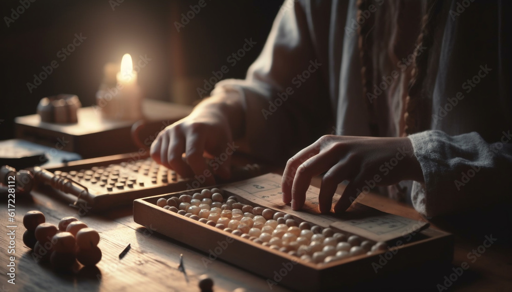 A young adult businessman sitting at a wooden desk typing generated by AI