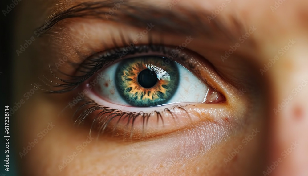 Caucasian woman close up portrait, staring with blue eyes at camera generated by AI