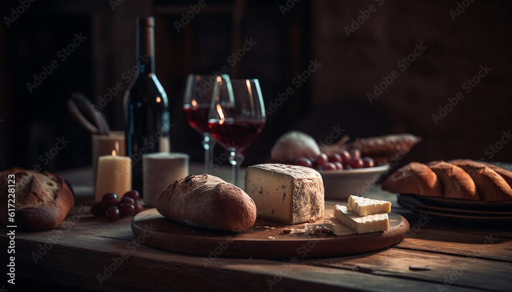 Rustic table with fresh organic meal, wine bottle, and cheese generated by AI