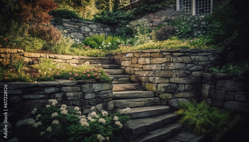 Stone staircase leads to formal garden with brick wall and plants generated by AI