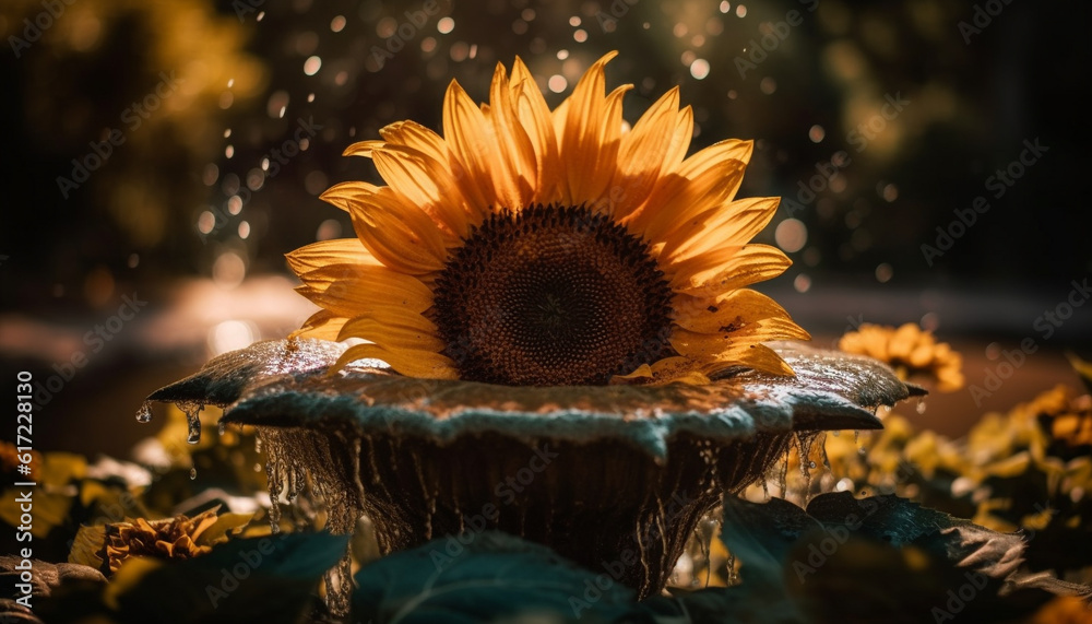 Vibrant sunflower in meadow, close up of yellow petals and leaf generated by AI