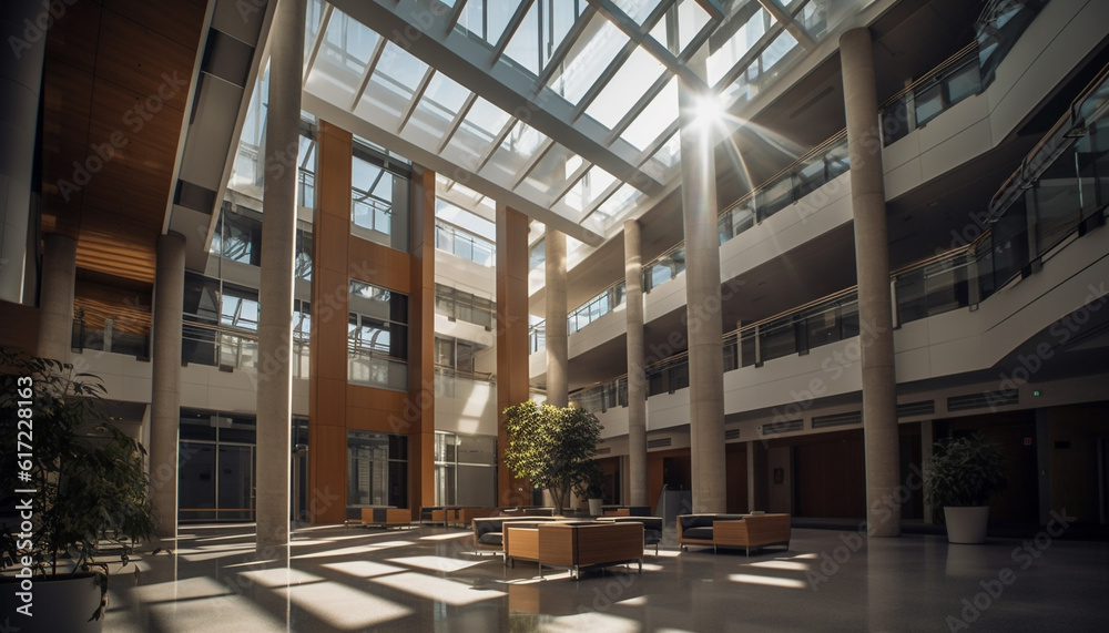 Futuristic office design with modern glass walls and steel flooring generated by AI