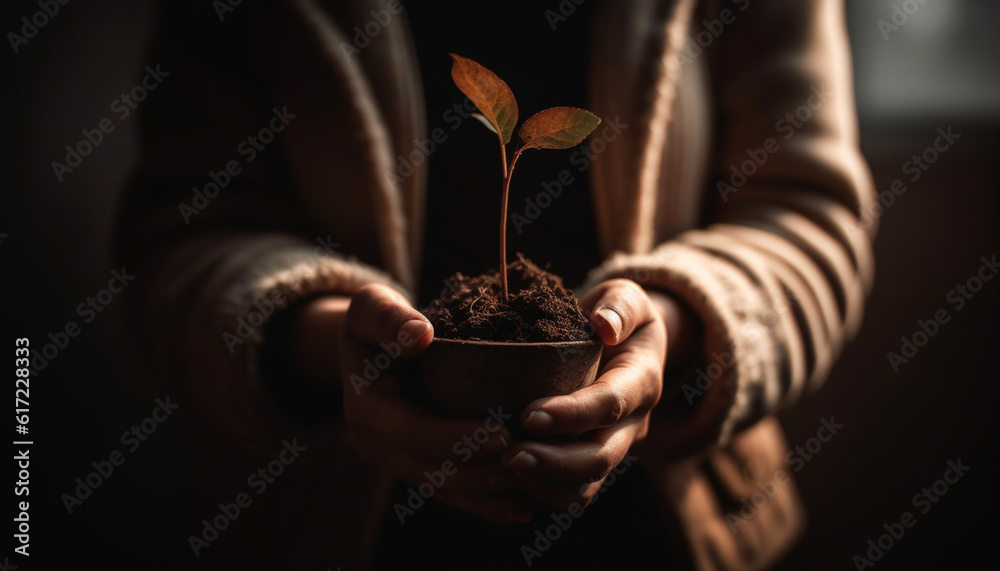 New life begins with one person holding a seedling close up generated by AI