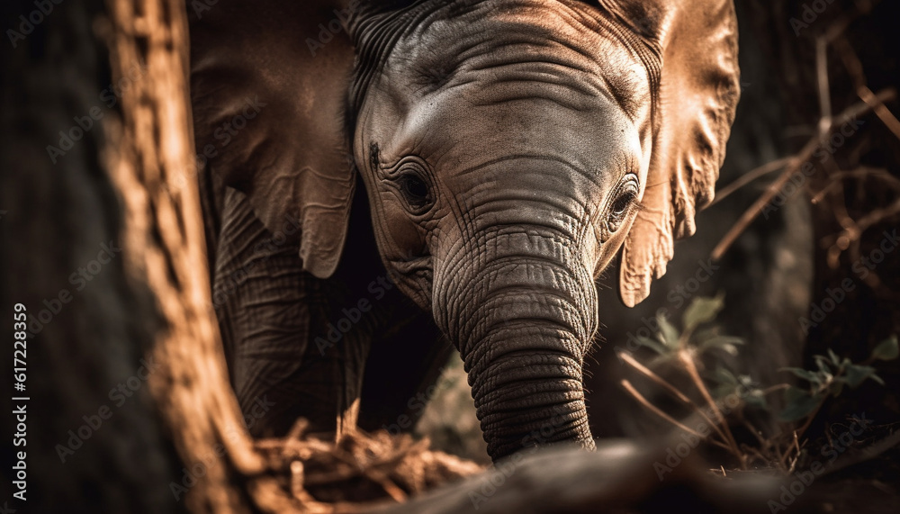 Close up portrait of a cute elephant walking in the savannah generated by AI