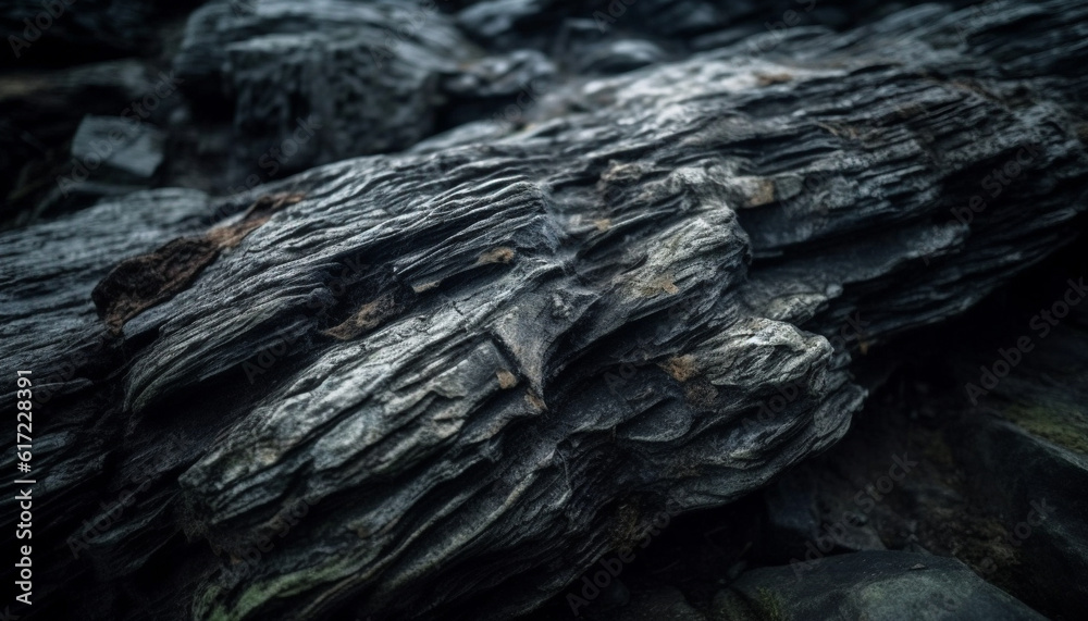 Rough stone cliff, wet with flowing water, a tranquil scene generated by AI