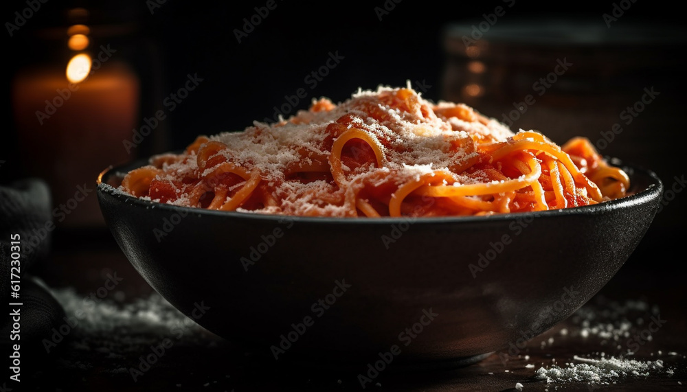 Homemade bolognese sauce with parmesan cheese on rustic wood plate generated by AI