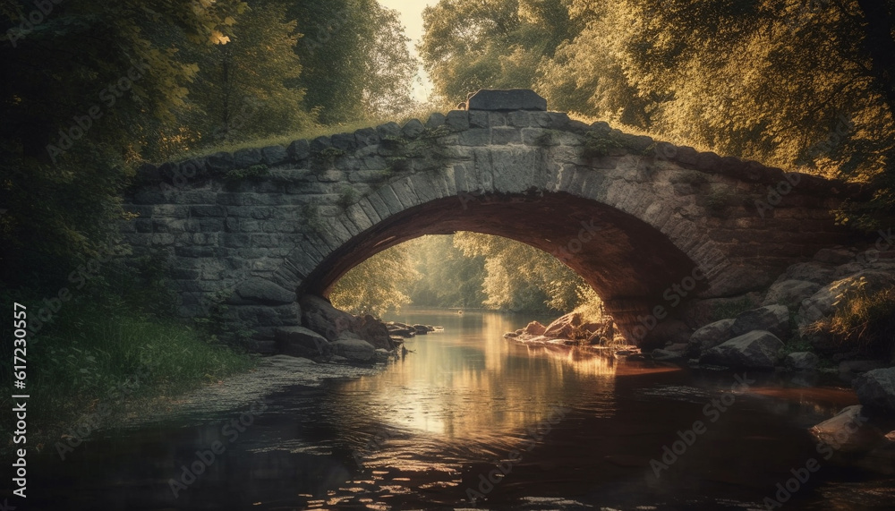 Ancient bridge arches over tranquil pond in green forest landscape generated by AI