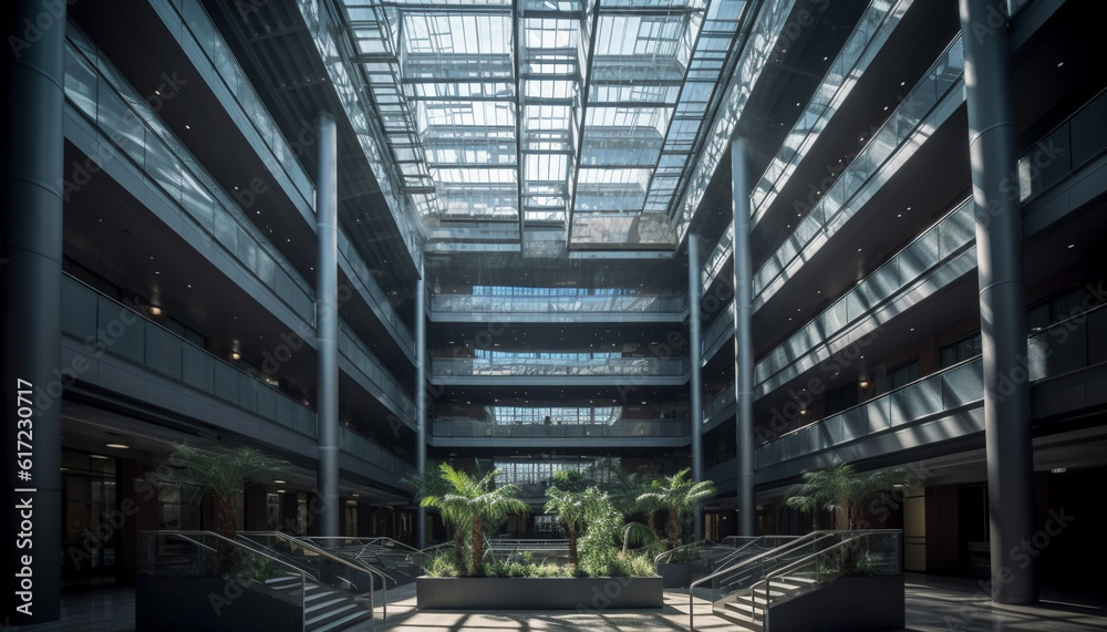 Futuristic office corridor with modern glass built structure and reflection generated by AI