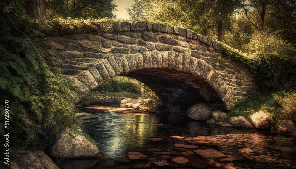 Ancient stone bridge arches over tranquil water in forest ravine generated by AI