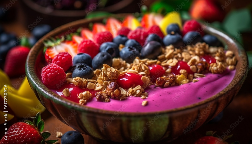 A rustic bowl of organic granola with fresh blueberries and raspberries generated by AI