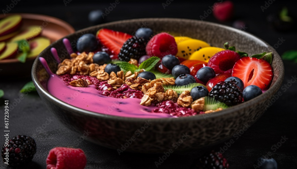 A homemade berry bowl with granola, yogurt, and fresh fruit generated by AI