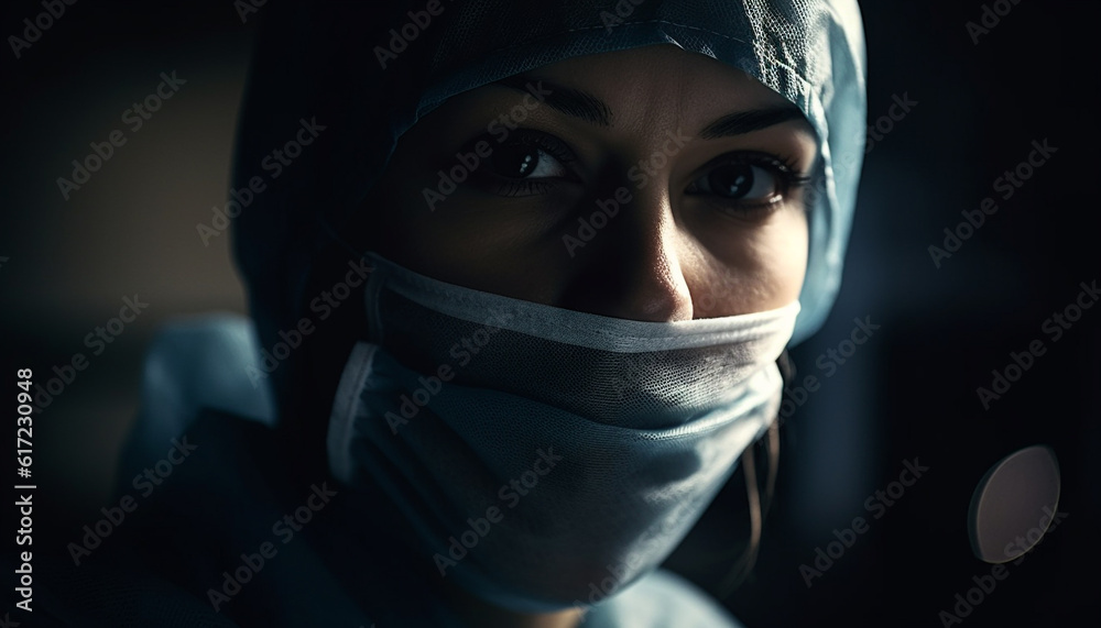 Young surgeon in protective workwear and surgical mask looking confident generated by AI