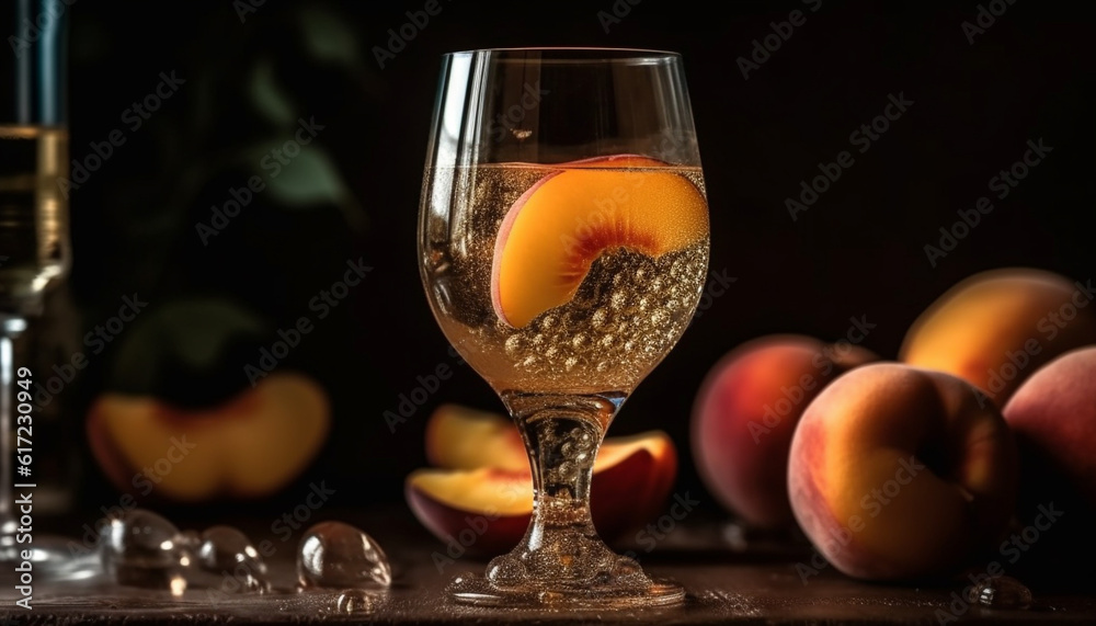 Organic ripe fruit drop in whiskey glass, celebration of summer generated by AI