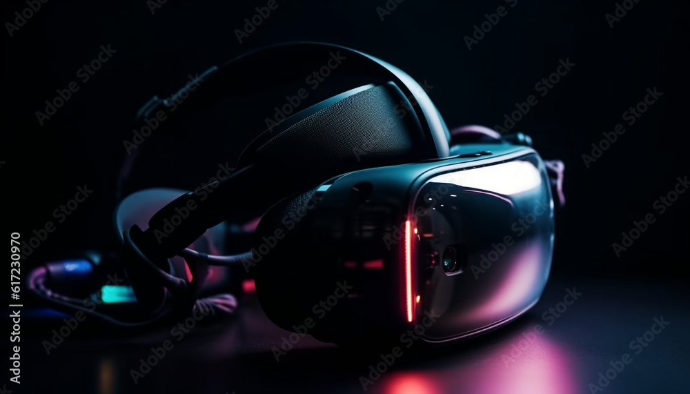 Futuristic headset for virtual reality simulator illuminates eyesight in dark generated by AI