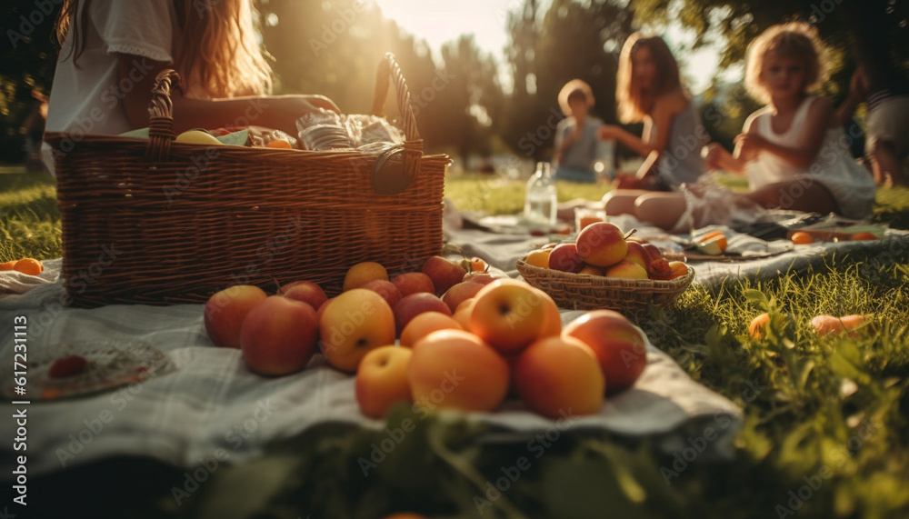 Family picnic in nature, enjoying fresh fruit and healthy eating generated by AI