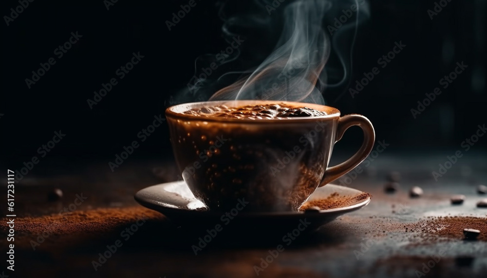 Dark coffee cup on rustic wood table emits steam aroma generated by AI