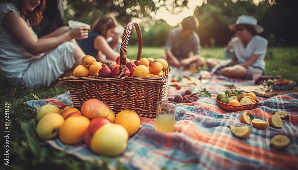 Happy family enjoys organic picnic in sunny meadow with friends generated by AI