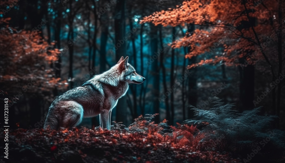 Gray wolf howling in the wilderness, surrounded by autumn beauty generated by AI