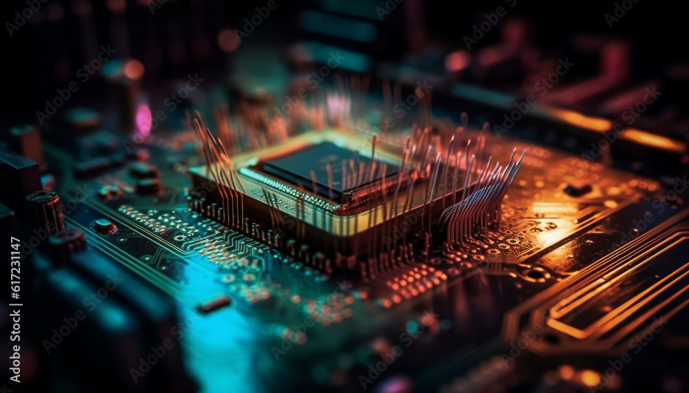 Complexity of computer parts circuit board, CPU, and capacitor generated by AI