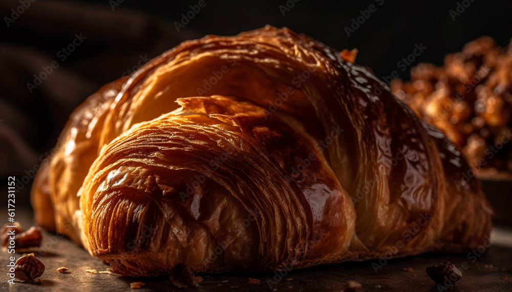 A stack of indulgent, gold colored croissants on a rustic table generated by AI