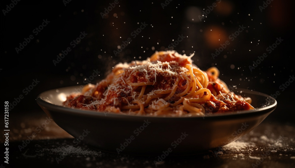 Homemade bolognese pasta with parmesan cheese on rustic table generated by AI