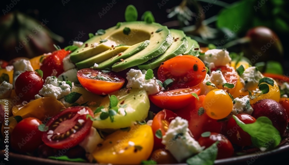 Fresh gourmet salad with ripe cherry tomatoes and grilled mozzarella generated by AI