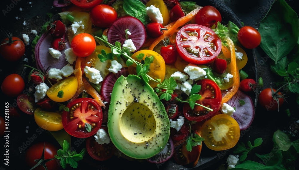 Fresh gourmet salad with multi colored vegetables and avocado on wood generated by AI