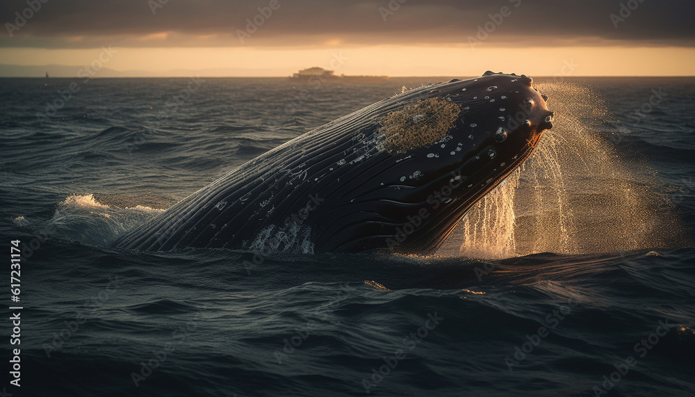 Majestic humpback whale splashing in tranquil sea at sunset generated by AI