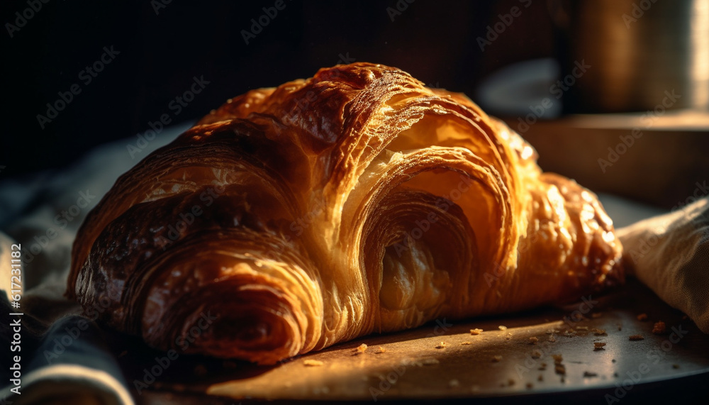 Freshly baked French croissant on rustic wooden table, ready to eat generated by AI