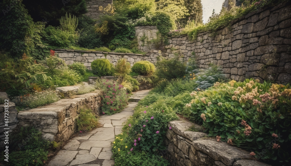 Tranquil scene of ancient stone wall surrounded by green nature generated by AI