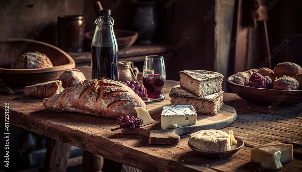 Rustic gourmet meal on wooden table with fresh bread and wine generated by AI