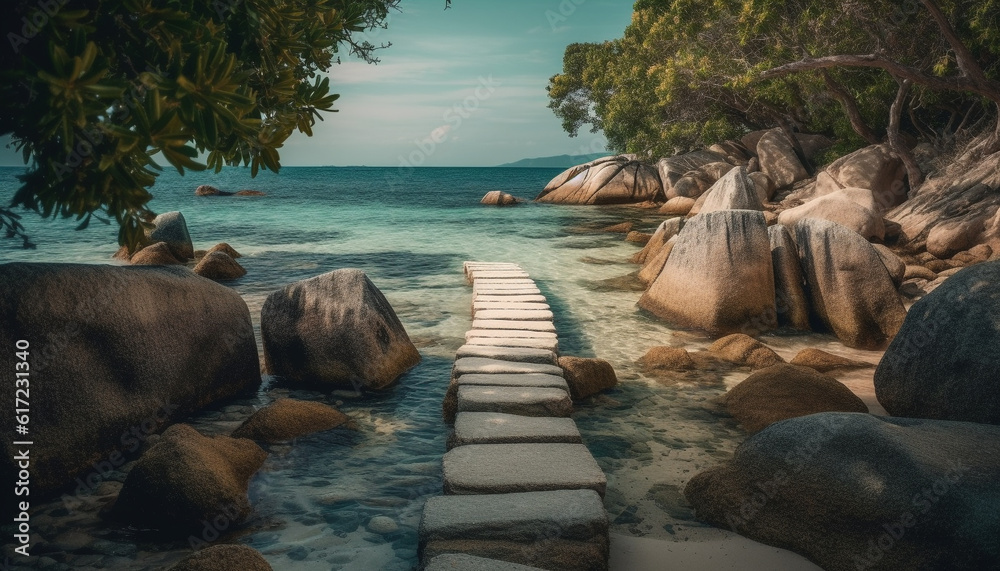 Tranquil scene of a tropical coastline, with blue waters and green plants generated by AI