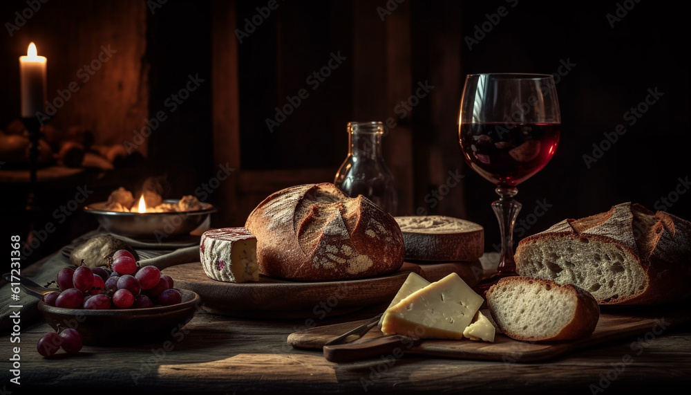 Rustic meal with fresh bread, wine, and gourmet Camembert cheese generated by AI