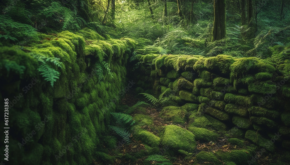 Tranquil scene of a tropical rainforest with lush green ferns generated by AI