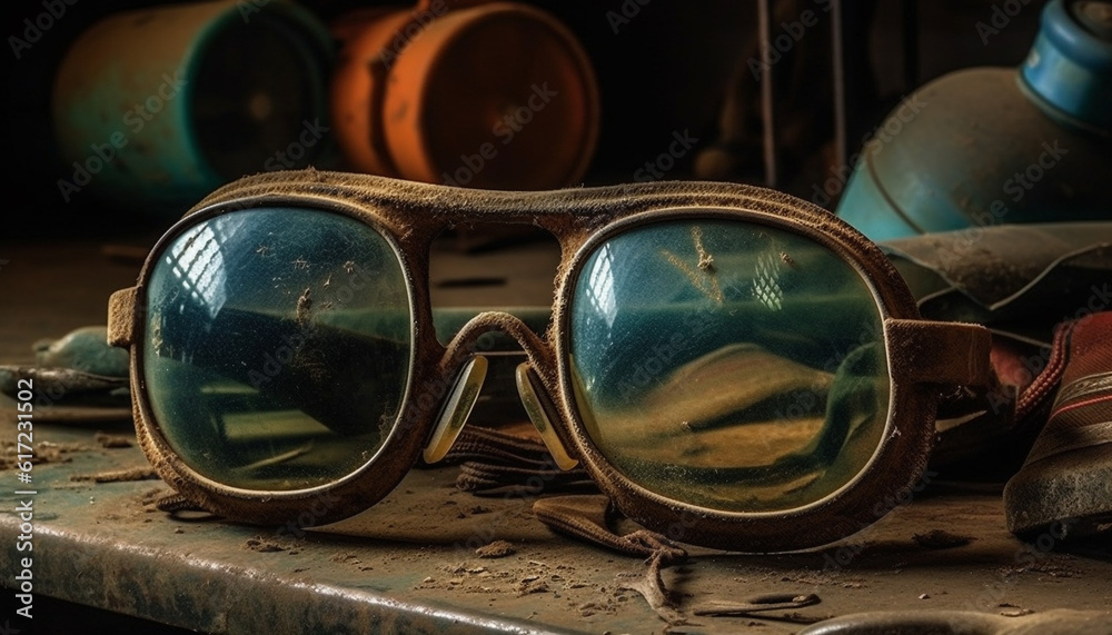 Old fashioned eyeglasses, rusty metal, reflection of nature, abandoned elegance generated by AI