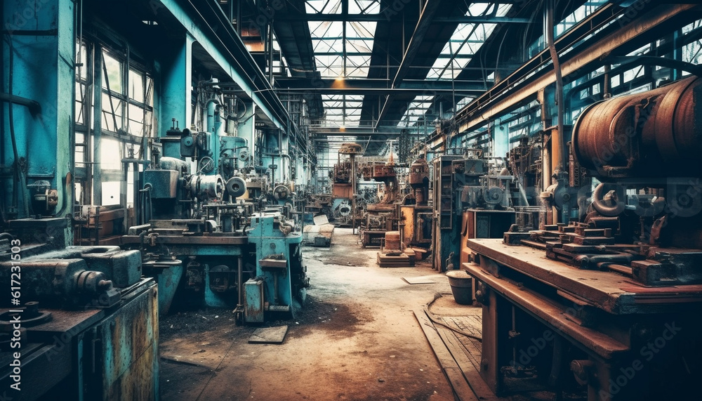 Expert metal workers use old fashioned machinery in dirty factory workshop generated by AI