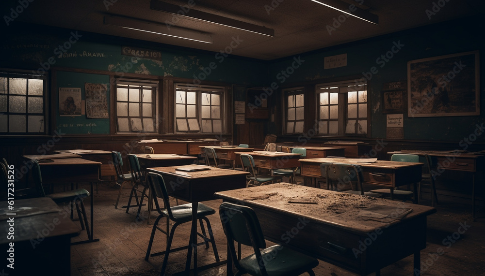 Empty classroom with old fashioned wooden desk and chair seating arrangement generated by AI