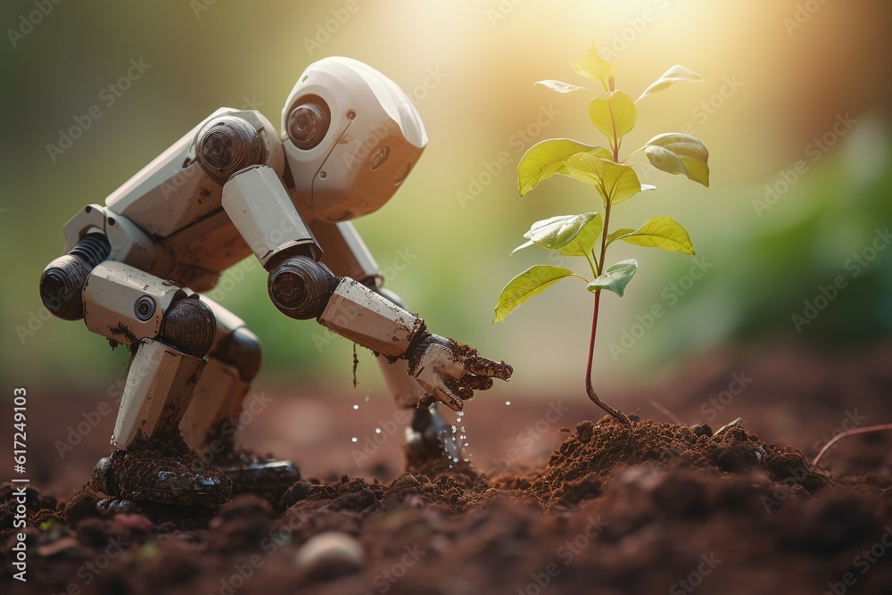 robot cyborg doing planting