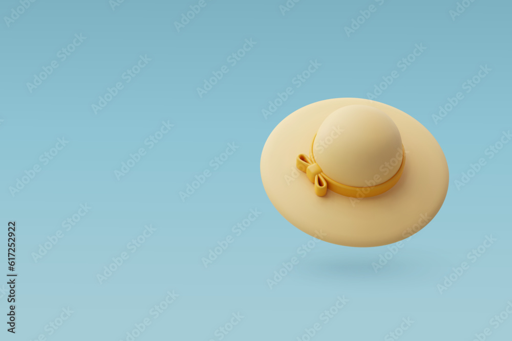 3d Vector Beige Woman Hat with Yellow Ribbon, Holiday Vacation, Time to Travel concept.