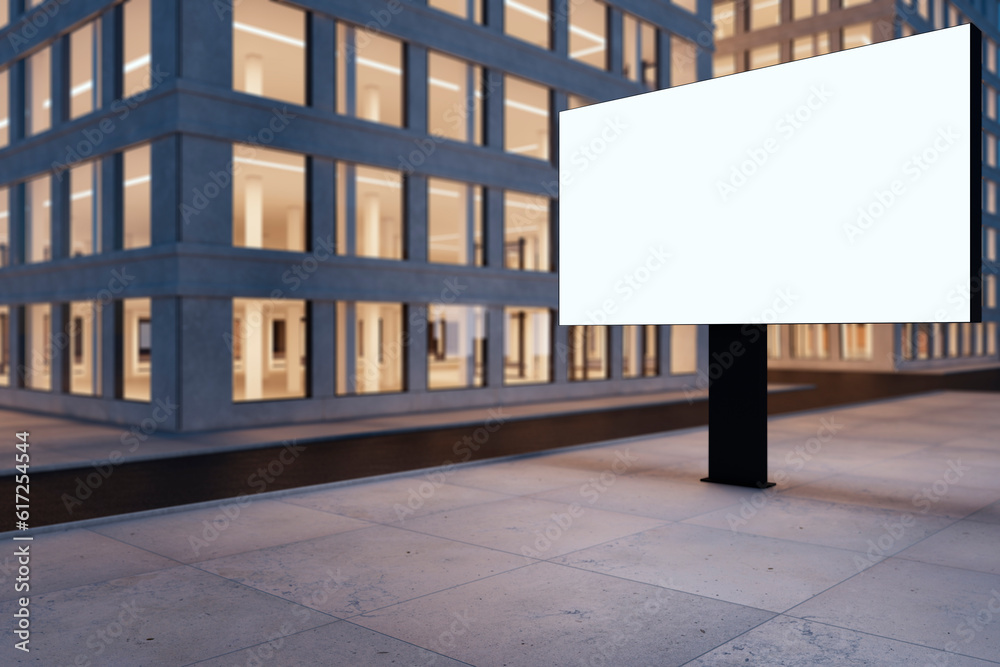 Nighttime city with skyscrapers and empty white mock up billboard for ads. Commercial, advertising a